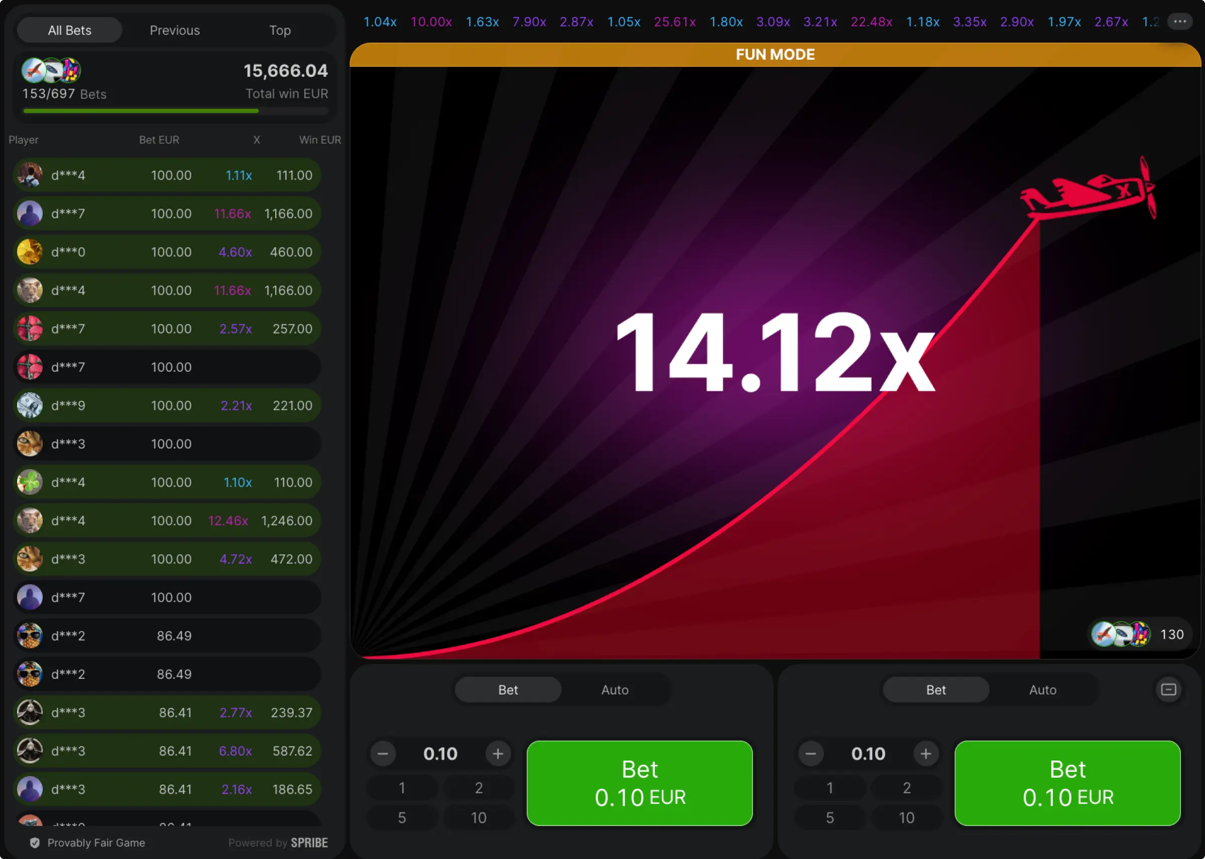 Aviator game interface showing round history and bet panel
