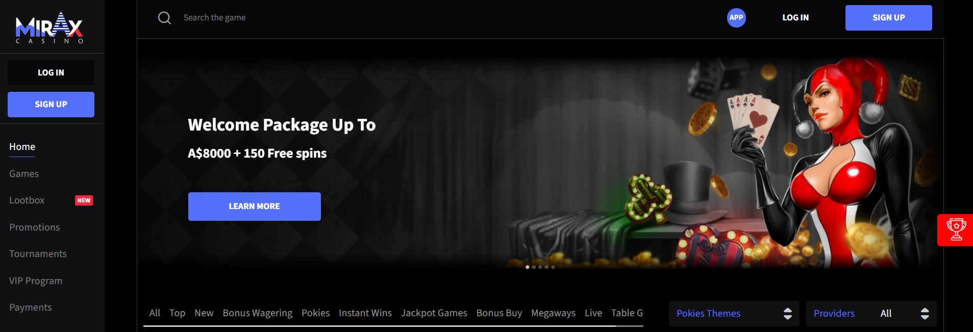 Mirax Casino interface