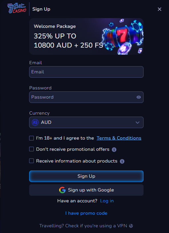 7Bit Casino sign up registration screen