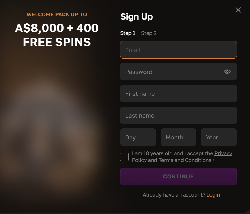 CrownGold Casino sign up registration screen