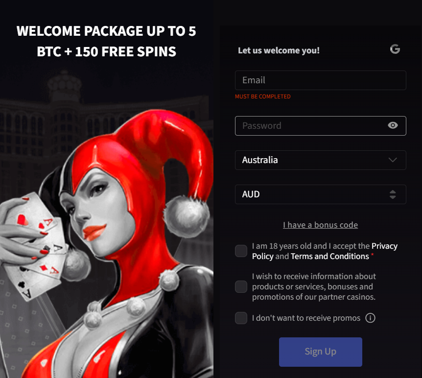 Mirax Casino sign up form Australia