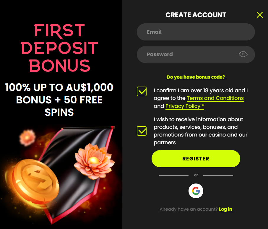 Spin Samurai Casino sign up registration screen